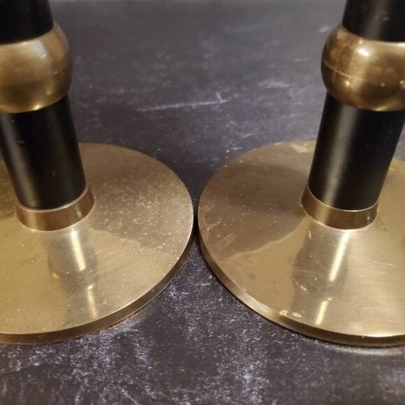 Vintage Matte Black and Brass Tall Candlesticks (1980's) - Picture 5 of 6
